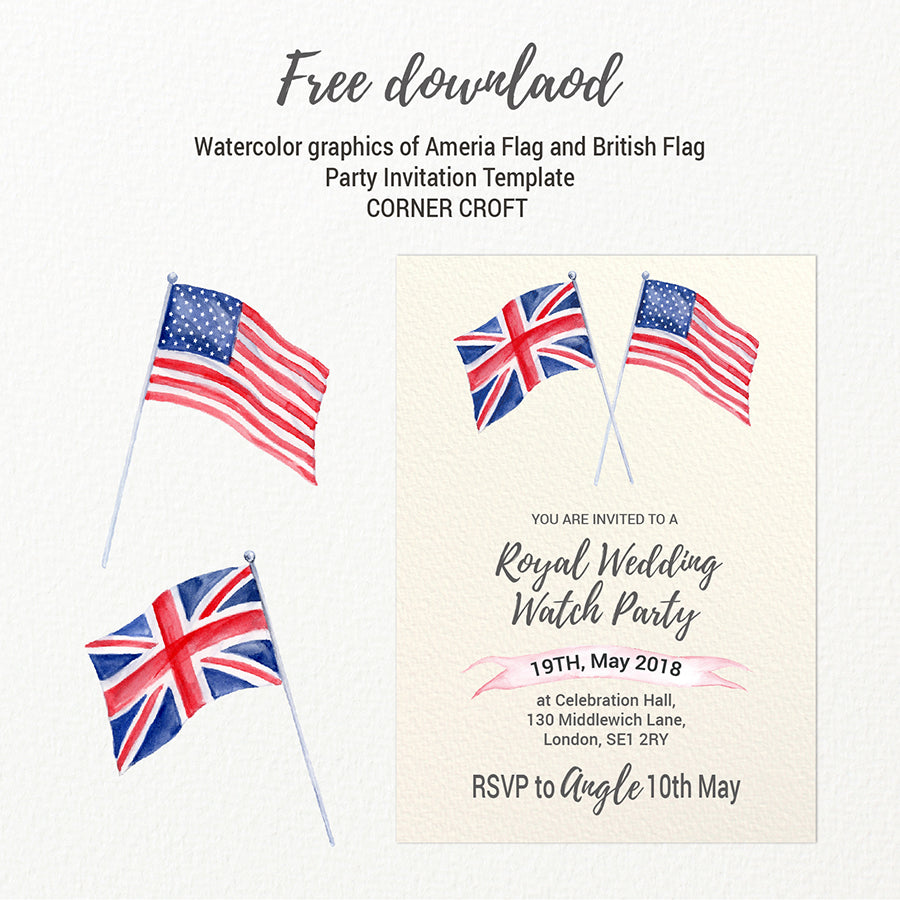 watercolor America flag, Union Jack flag, royal wedding party template 