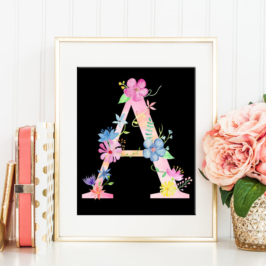 pink flower alphabet A printable, instant download, watercolour floral letter a