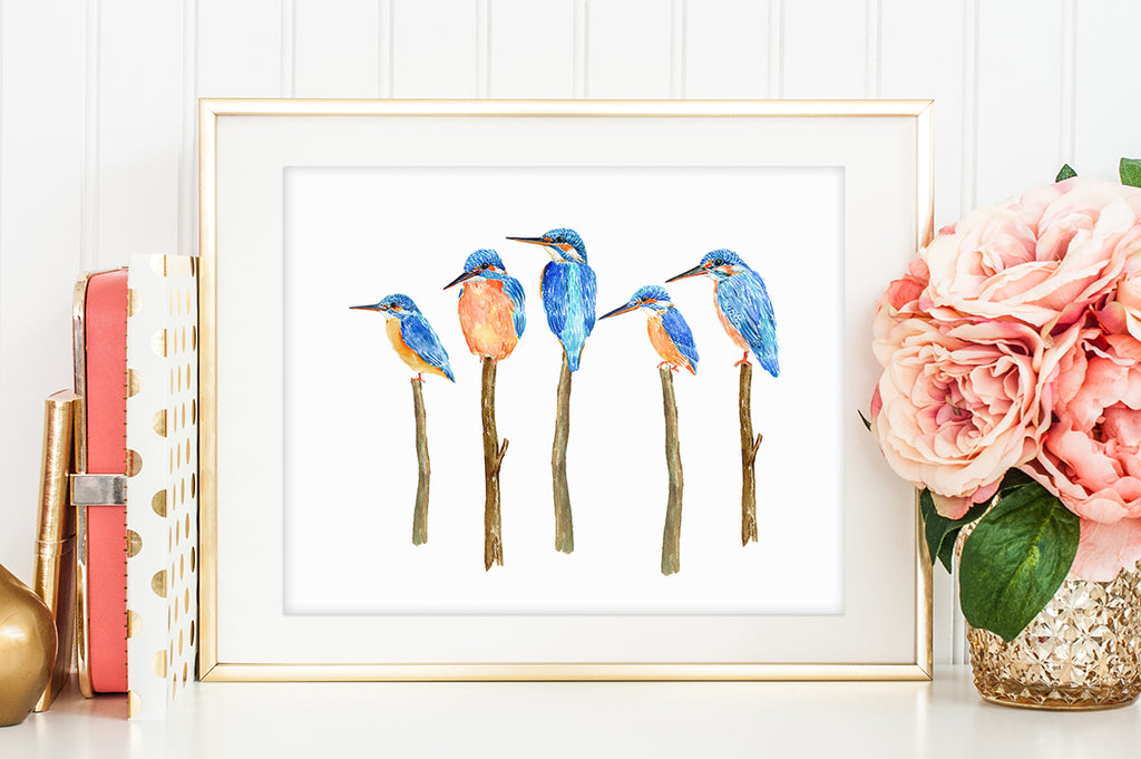 watercolor print, bird prints, watercolour kingfishers
