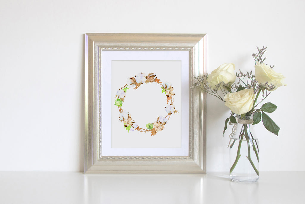 cotton boll wreath, watercolor illustration, instant download 