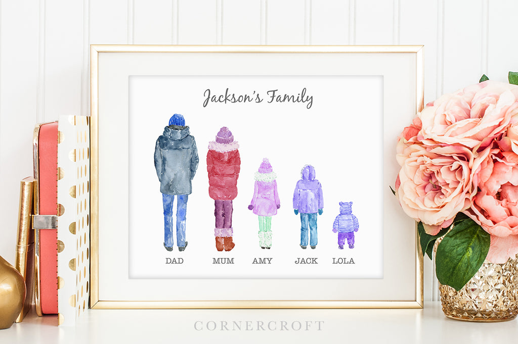 watercolor family portrait in winter coat, personalised print
