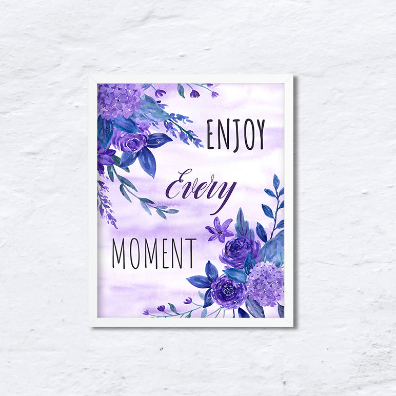 typography enjoy every moment, quote, purple background, purple flower, ultra violet flowers