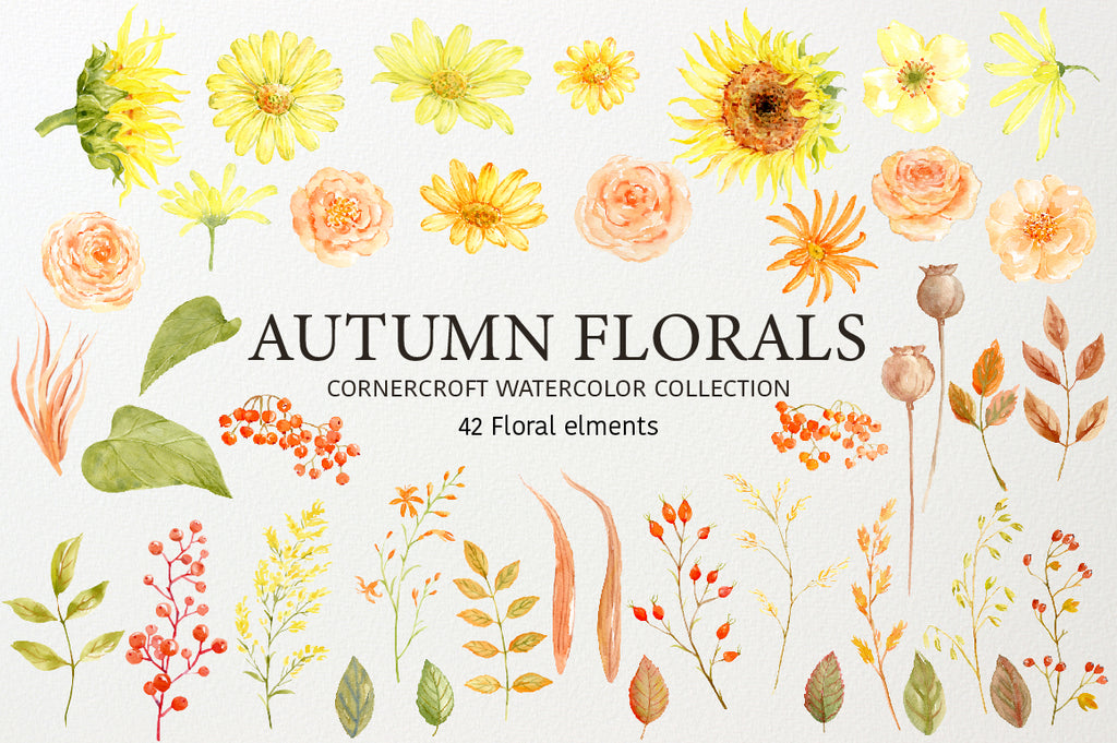 watercolor clipart autumn florals, autumn color, fall flower clipart, sunflower, rose, yellow flower, orange floral instant download 