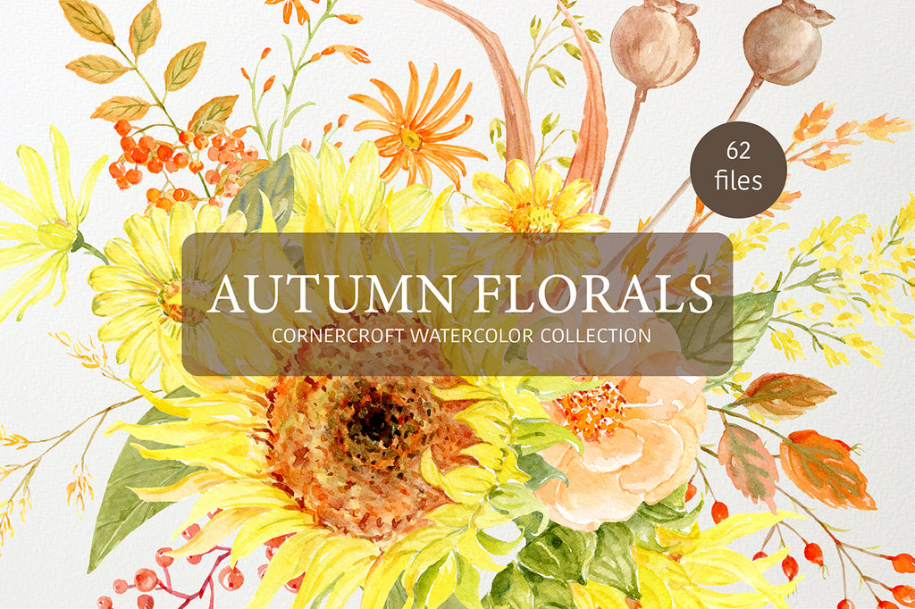 watercolor clipart autumn florals, fall clipart, sunflower, rose, daisy collection