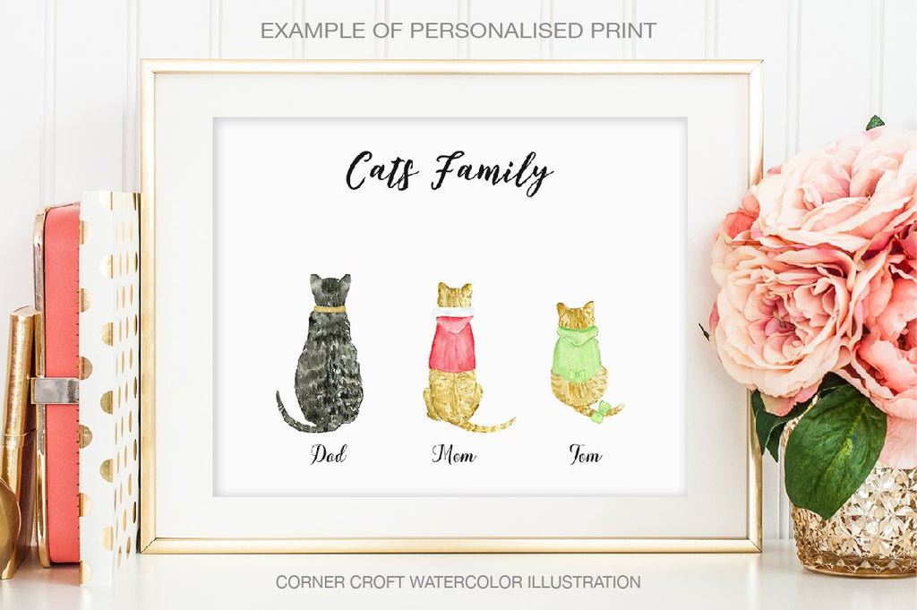 cat personalised print, cat print, watercolor cat illustration