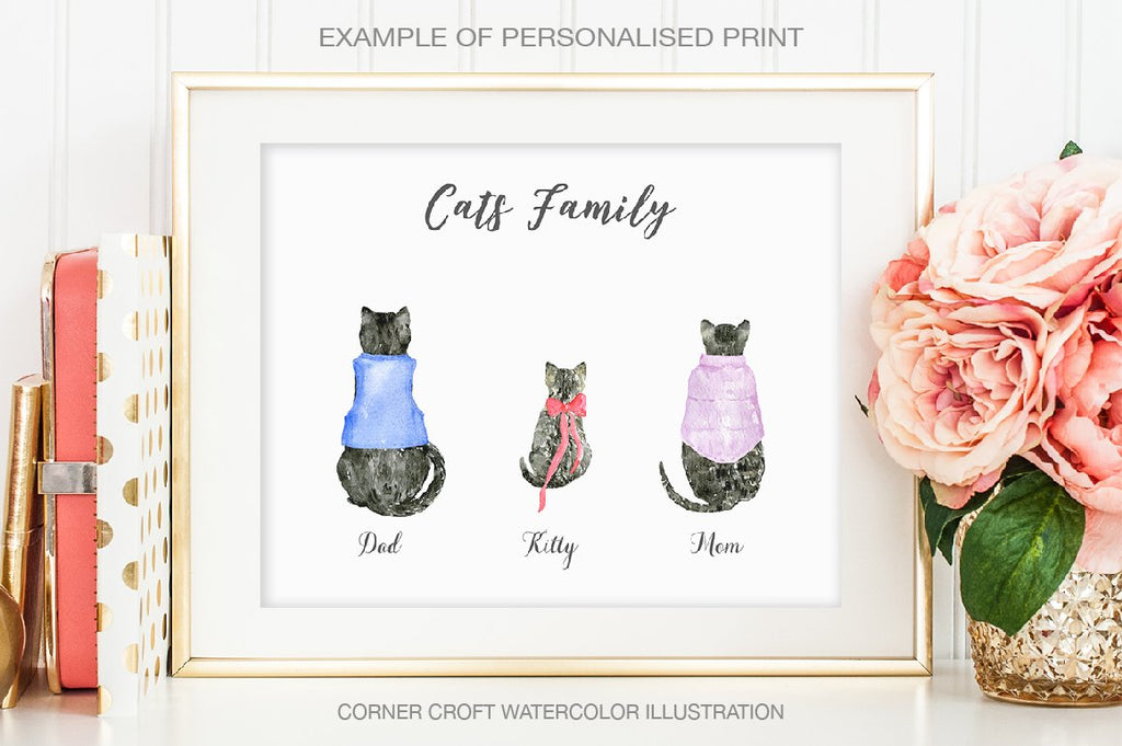 watercolor cat personalised print creator, cat family, mum, dad and kittern