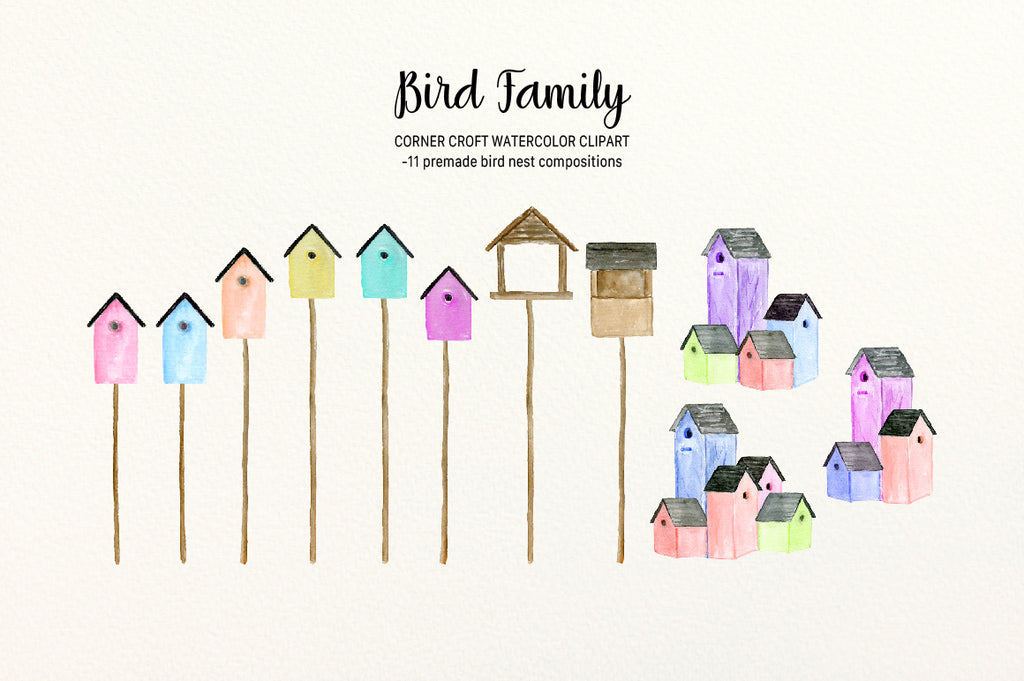 Watercolor Bird family, bird nests and bird feeder