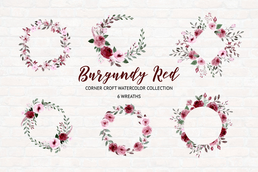 watercolor clipart burdgundy red floral wreath for wedding, logo design