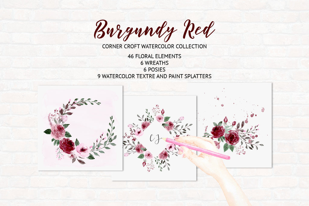 watercolour clipart deep red flowers, floral arrangements, wedding invitations