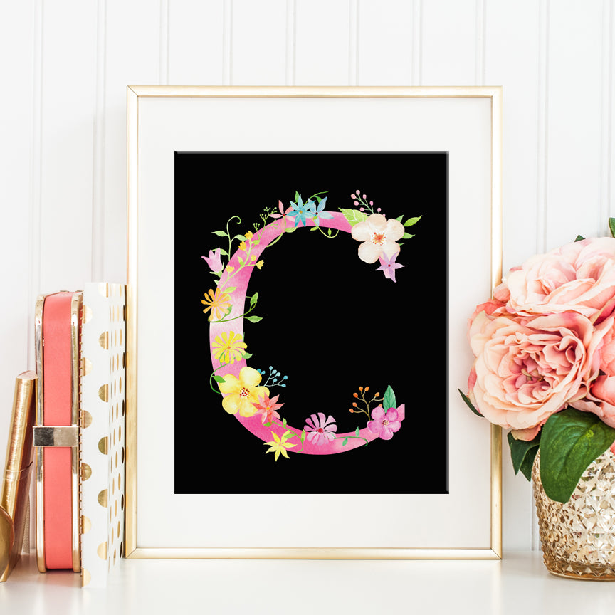 watercolour floral letter C, pink letter c, alphabet c, digital print