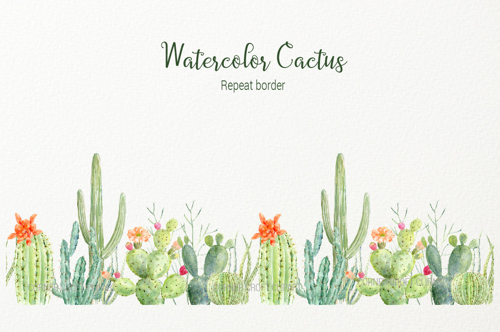 watercolor cactus repeat pattern, seamless border, 