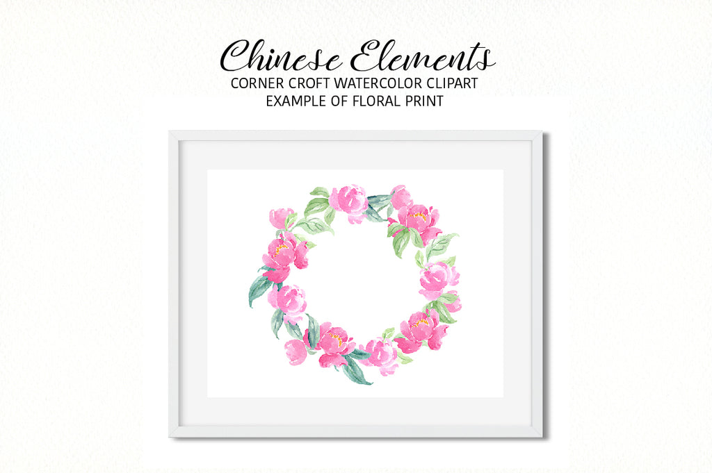 Watercolor pink peony wreath, Chinese elements clipart
