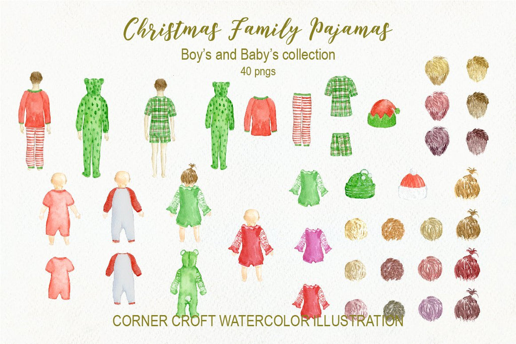 boy in christmas pajamas, watercolor illustration, baby boy and baby girl in christmas pajamas