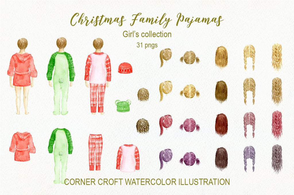 watercolor Christmas pajamas illustration, girl in Christmas cloth, many different hair styles