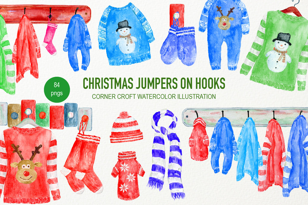 Christmas jumpers on hooks, jumper, mitten, baby suit, scarf, jumper on hook, coat hanger illustration 
