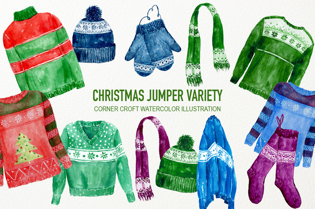 watercolor  clipart Christmas jumpers, scarf, mitten, wooly hat and Christmas stockings. 