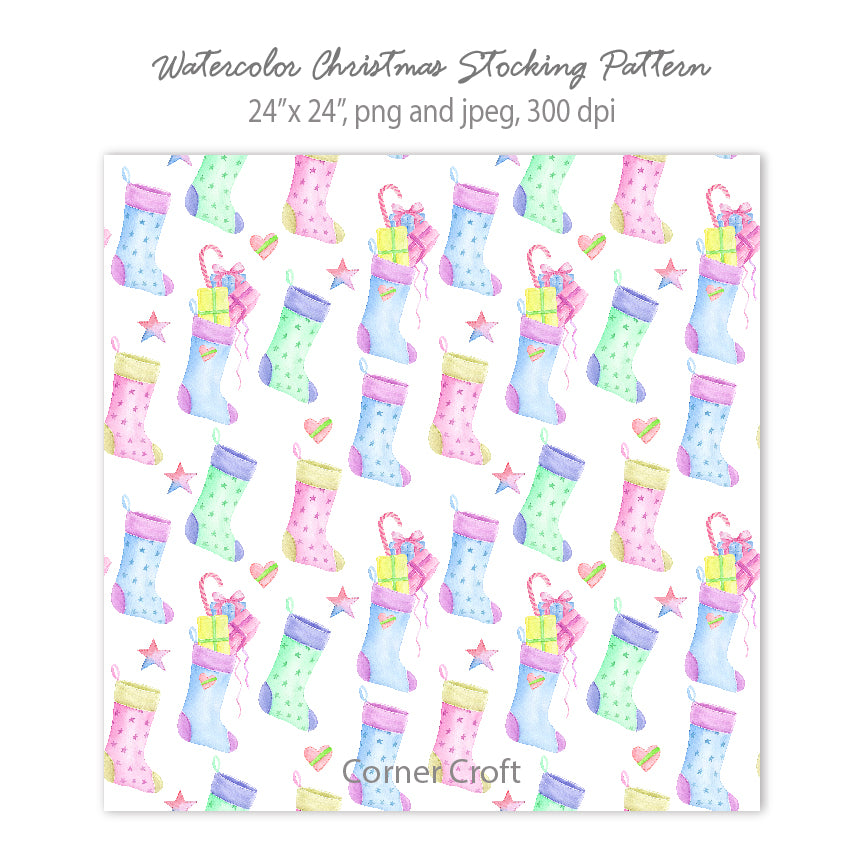 Watercolor Christmas Stocking Pattern in Pastel Color