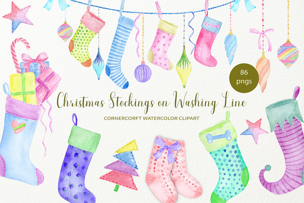 watercolor stocking on washing line, pink stocking, blue stocking, purple stocking, instant download 