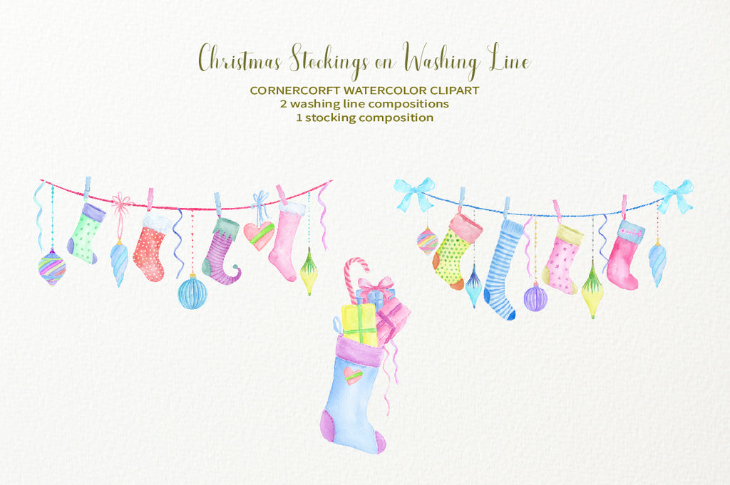 watercolor clipart christmas stockings on washing line, instant download 