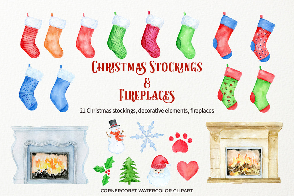 watercolor Christmas stocking, fireplace, christmas tree, Christmas elements, scrapbook 
