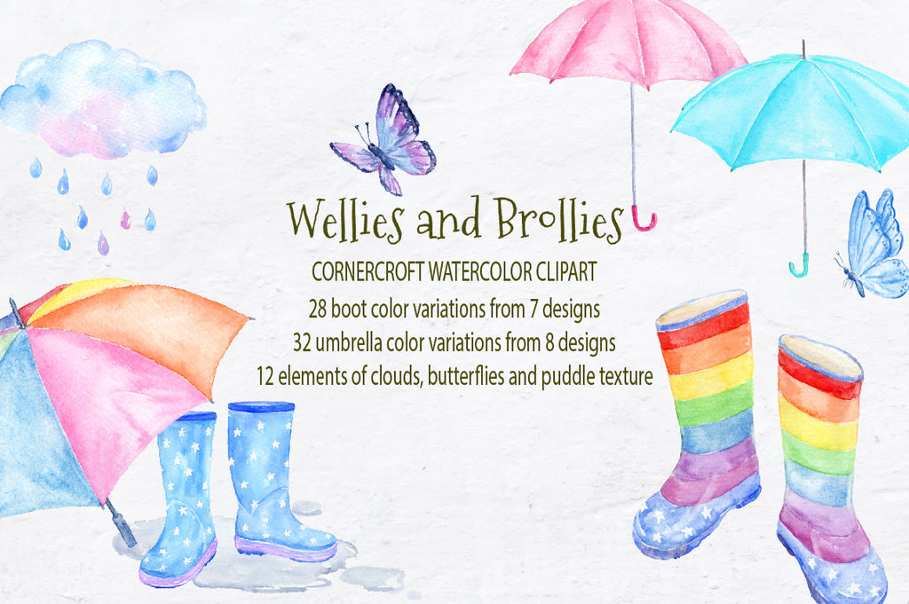 watercolor wellies and brollies, rain boots, umbrellas, cloud, rain drops, rain puddles