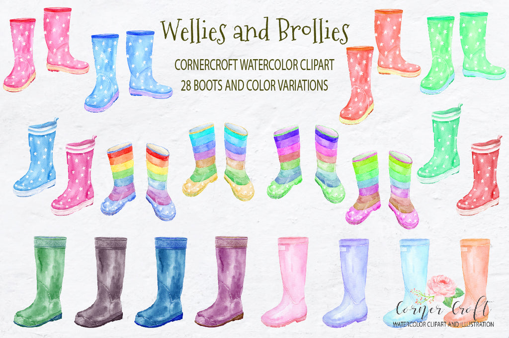 watercolor rubber boots design, rain boot illustration, wellington boots collection