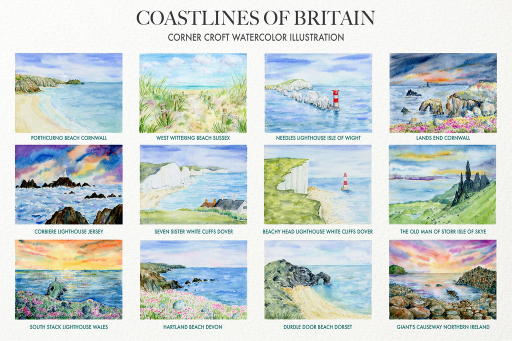 watercolour seascape painting of british coastlines, white cliff of dover, lighthouse around british coasts 