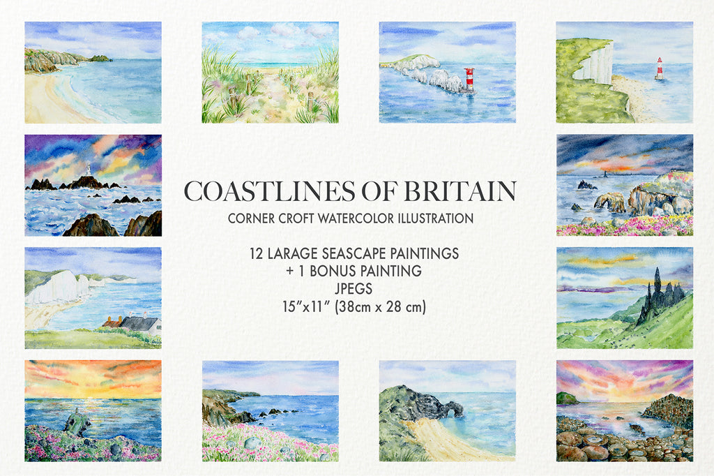 watercolour landscape paintings of British coastline, coast of Britain, instant download
