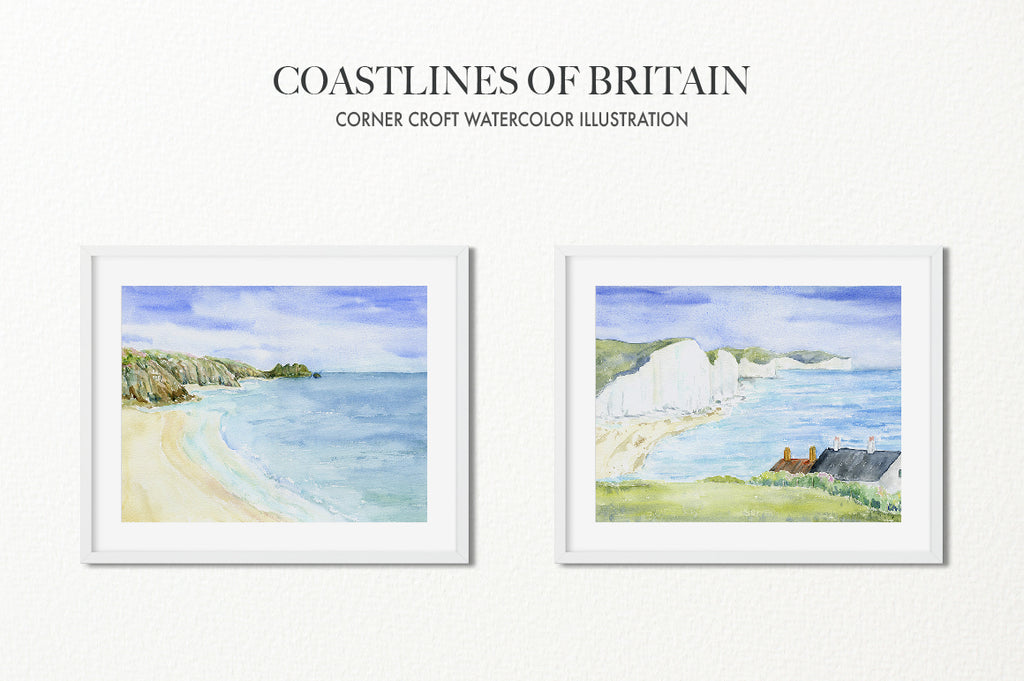 watercolour paintings of British coast paintings, lighthouse, blue sky and blue sea