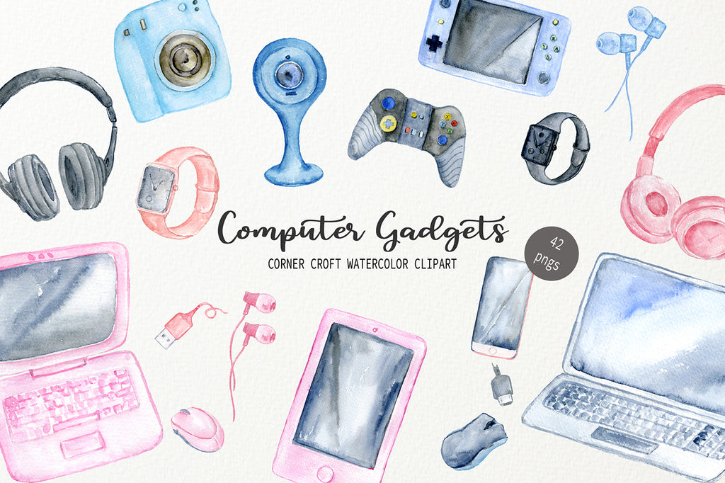 watercolor illusttation of computer, game console, headphone, digital watch, laptop and computer gadgets