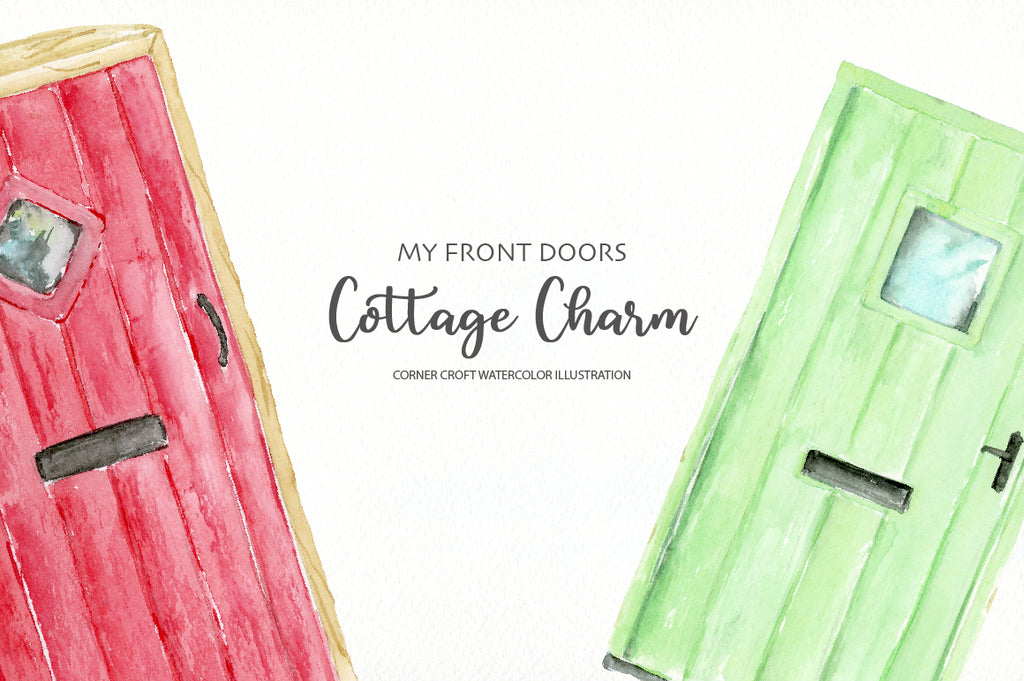 green cottage door, red cottage door, watercolor clipart instant download 