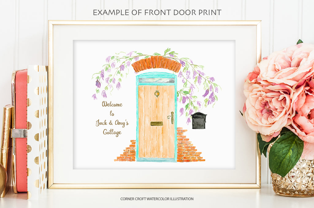 watercolor front door illustration for making personalised print, address label and art print