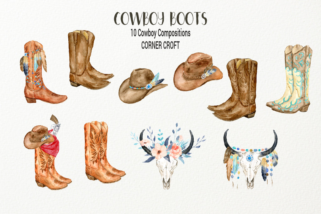 brown pattern cowboy boots, boots illustration, watercolor cowboy boots, floral skull, skull illustration 