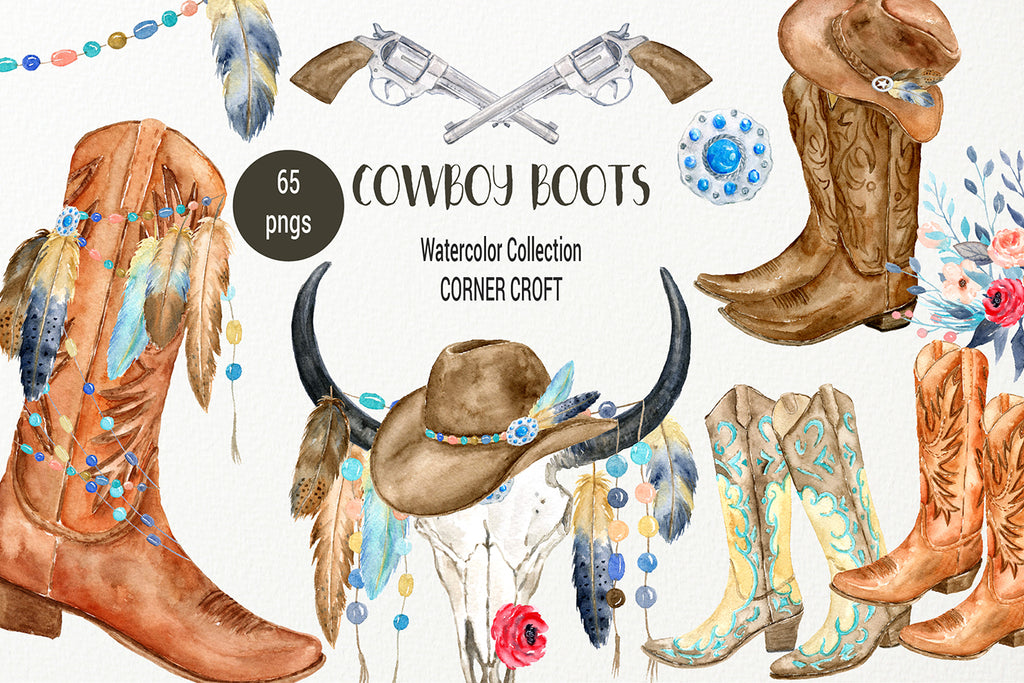 watercolor cowboy boots, hats and accessories, watercolor illustration 