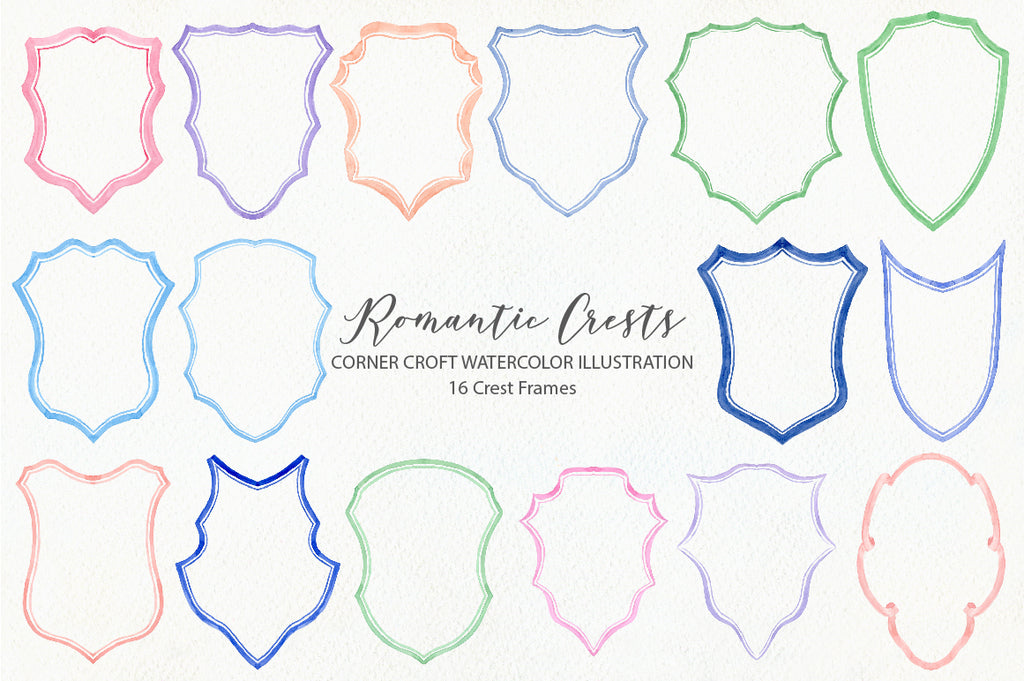 watercolor crest illustration, romantic crest design, pink and blue ribbons