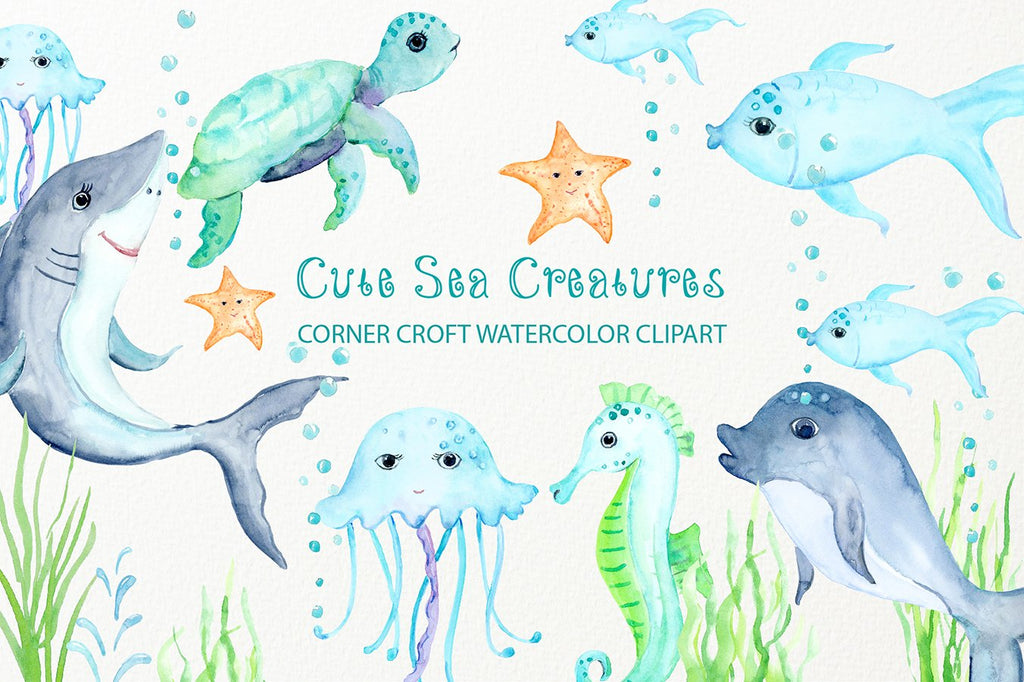 nursery clipart cute fish, sea turtle, shark, dolphin and jellyfish 