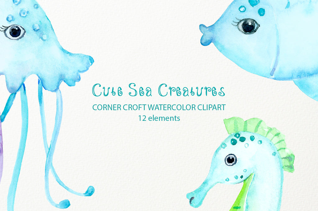 watercolour blue jelly fish, seahorse and fish for digital download