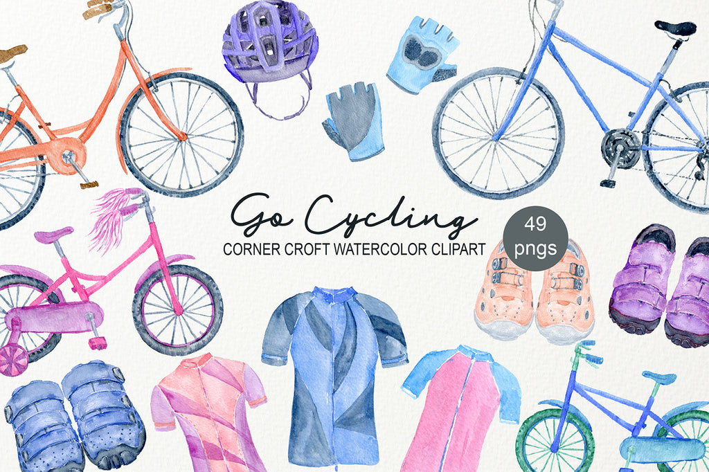 Watercolor clipart go cycling, bicycle, helmet, gloves, cycling shoes, instant download