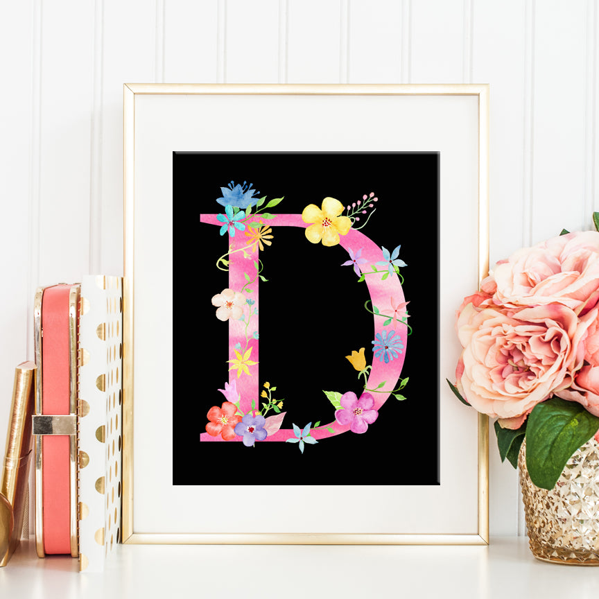 floral letter D, capital letter D, name initial D, pink alphabet D, instant download 