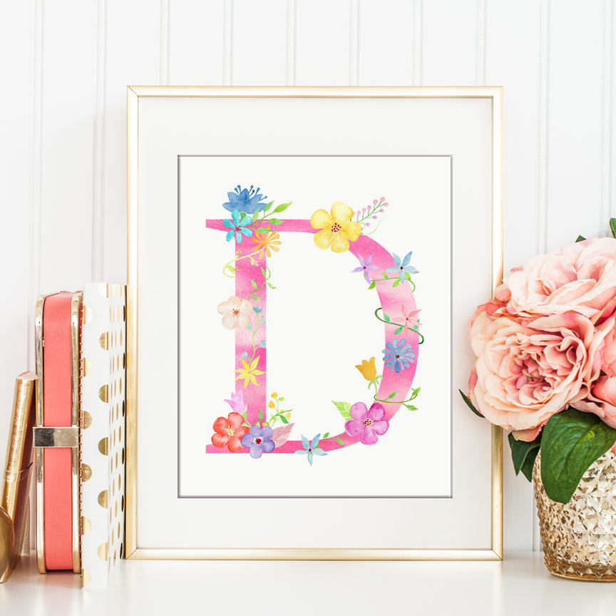 Name initial D, pink floral letter D, capital letter D, printable from Corner Croft 