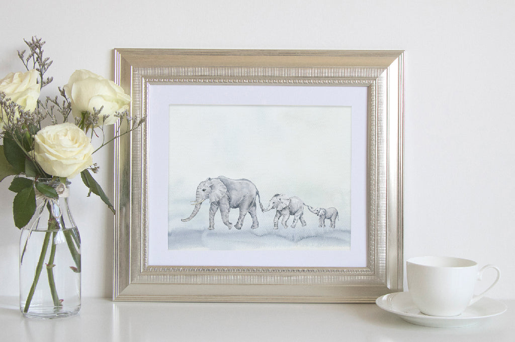 watercolor elephant print, chain of elephants print, elephant illustration 