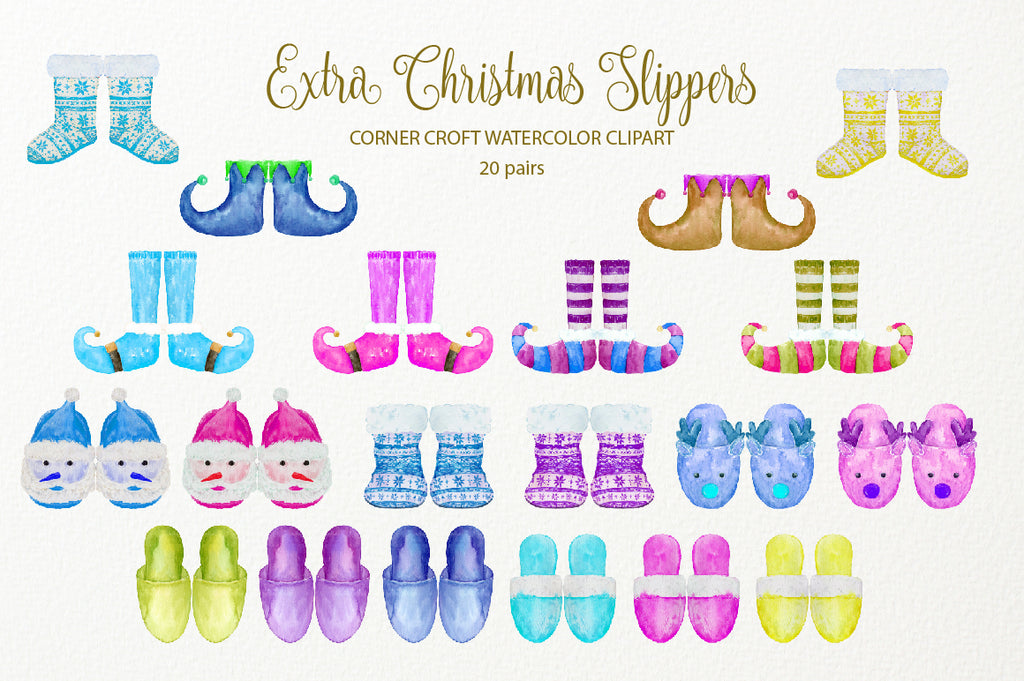 watercolor christmas slippers in blue, purple and yellow