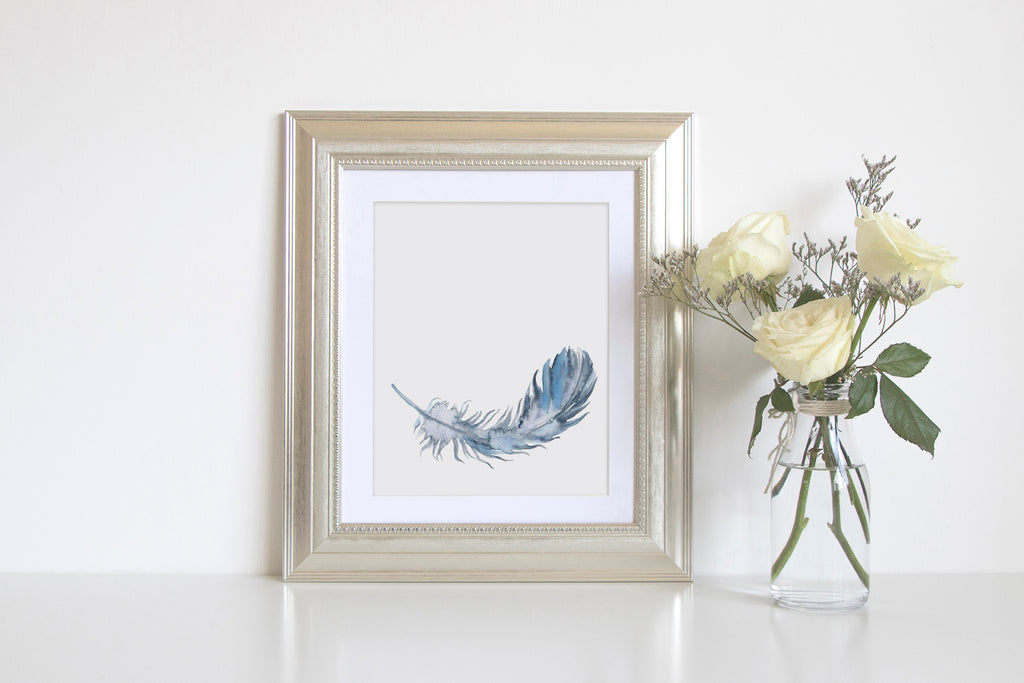 Watercolor feather print, 8x10 watercolor feather illustration, abstract feather, blue feather