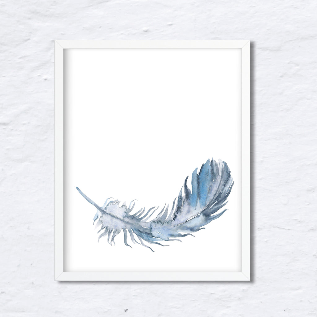 Watercolor blue feather, falling feather, feather illustration, corner croft art print
