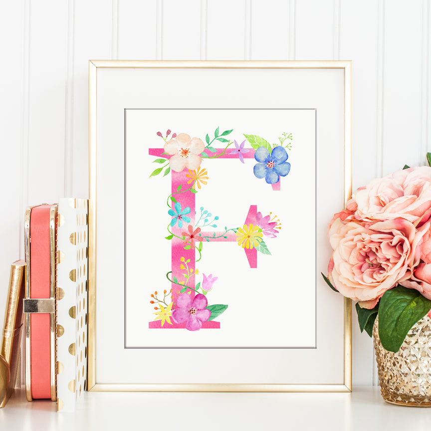 Floral letter F, watercolor pink alphabet f, instant download, digital print, name initial F