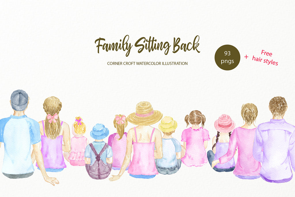 Family portrait, family sitting back, mum, dad, son, daughter, baby clipart