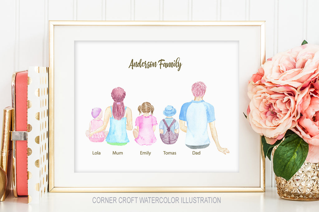 Watercolor clipart family sitting back personalised print