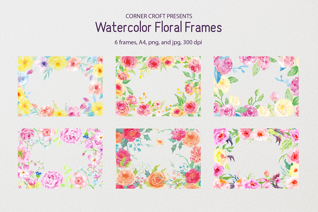 watercolor pink and yellow floral frames for making personalised prints