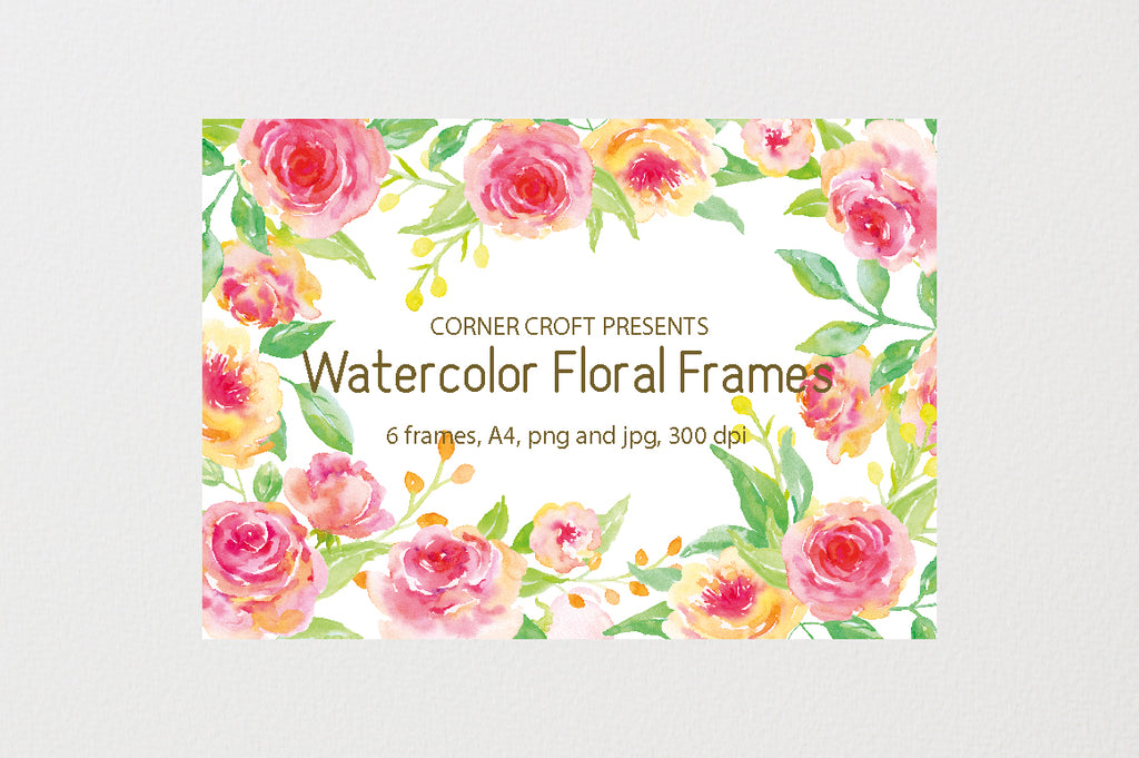 watercolor pink and yellow floral frame, instant download