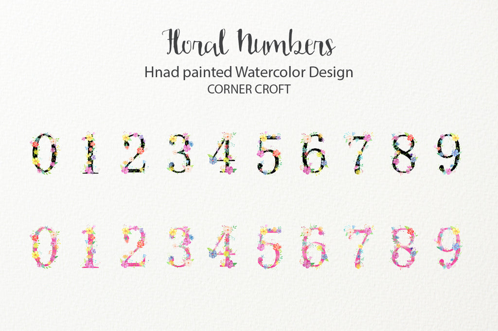 watercolor floral letters, 0 to 9, pastel color flowers, instant download 
